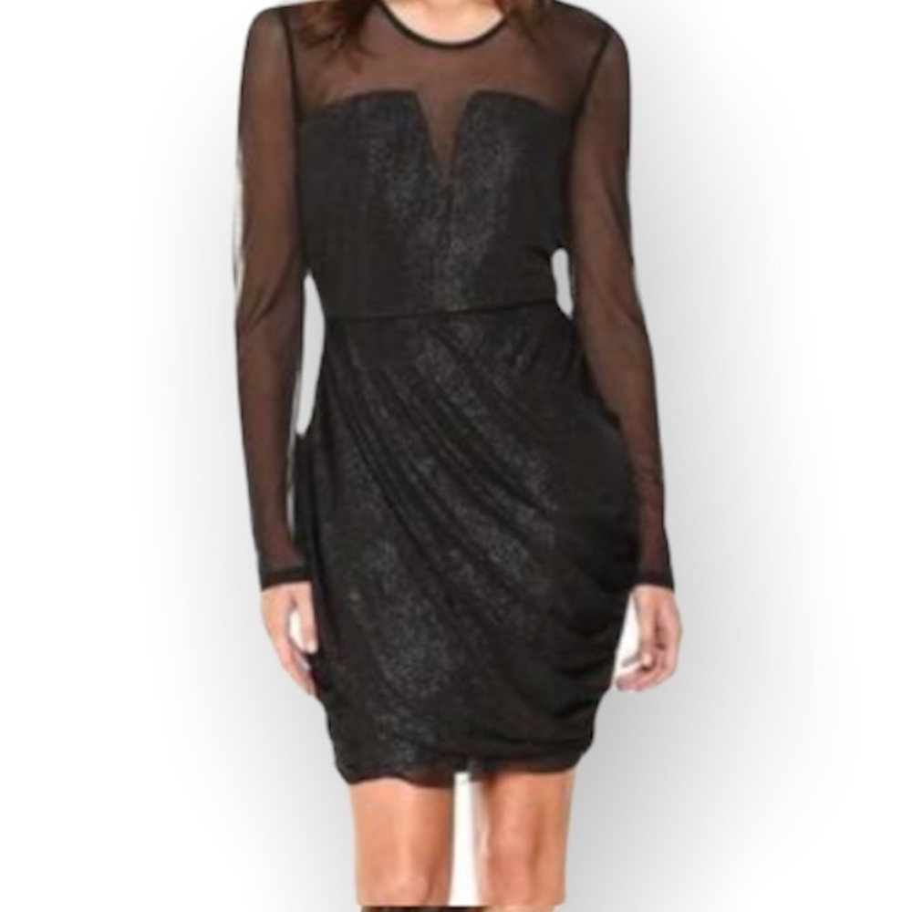 BCBGeneration‎ Dress w/ Draped Skirt Mesh Sleeve Large